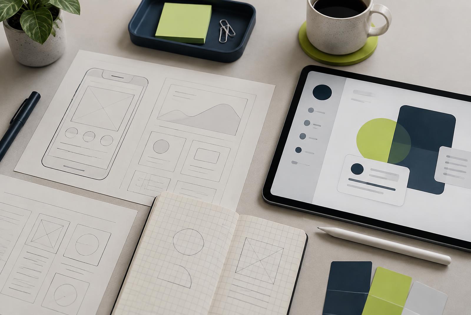 Illustrative photograph of interface wireframe sketches, a grid notebook and a tablet showing abstract interface shapes on an ivory desk