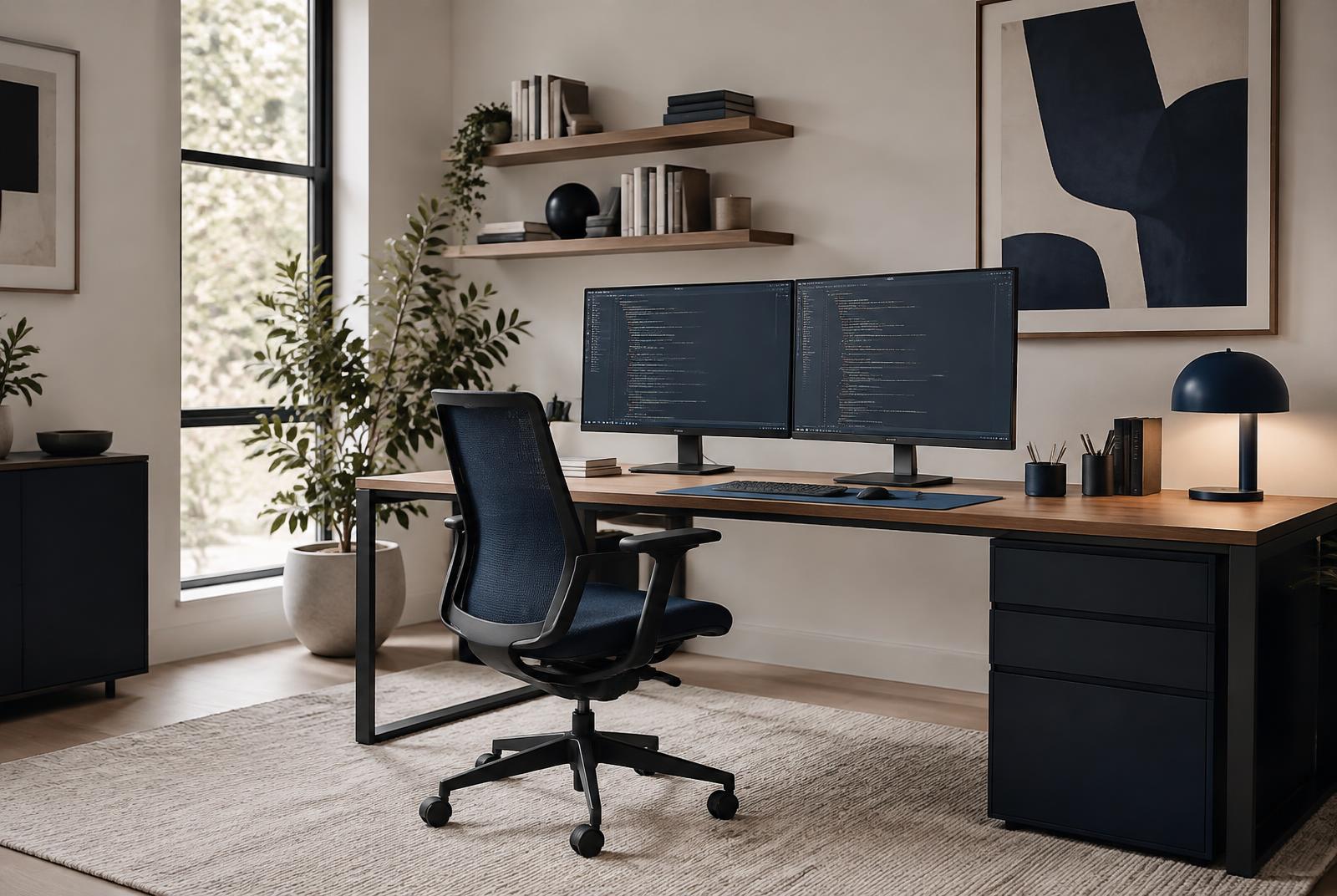 Illustrative photograph of a calm software workspace with two monitors displaying code beside a bright window